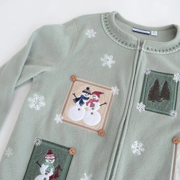 Vintage Croft & Barrow Sage Embroidered Snowman Christmas Zip Fleece Cardigan M - Picture 8 of 11